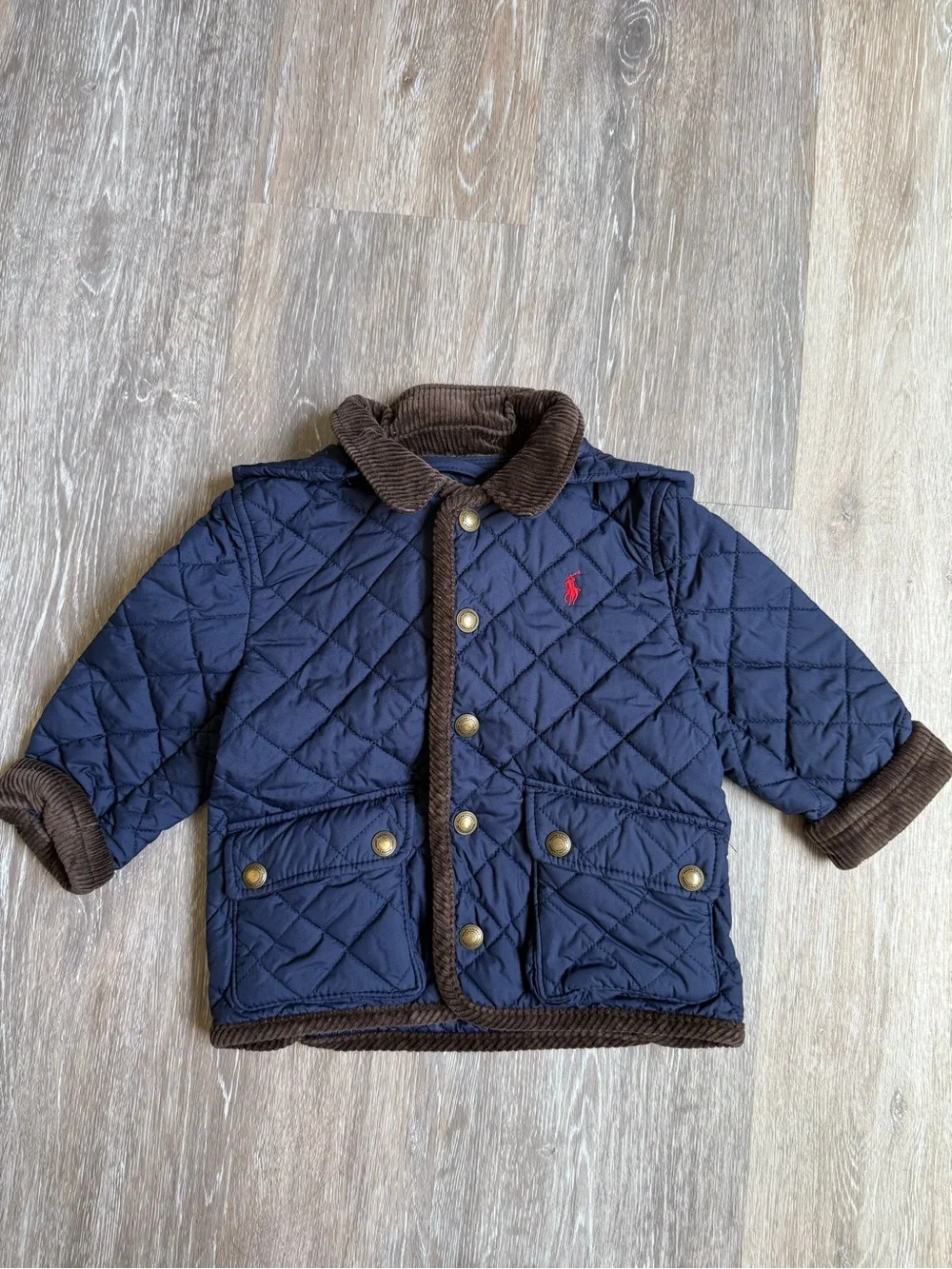 Ralph Lauren Navy Quilted Barn Coat With detachable hood Size 18 Months